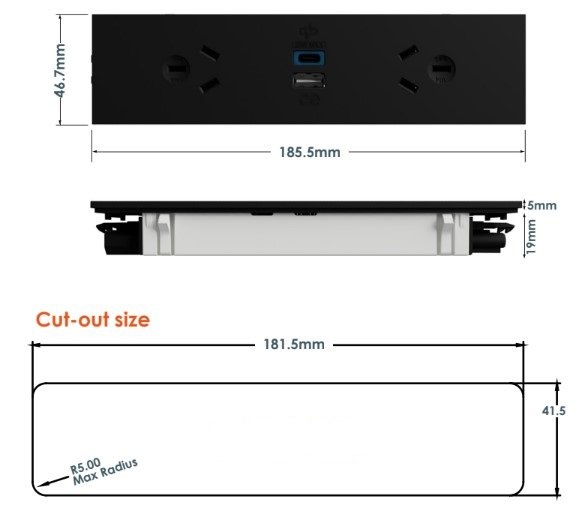 XYNERGY Below Desk 2GPO 2USBAC Dimensions